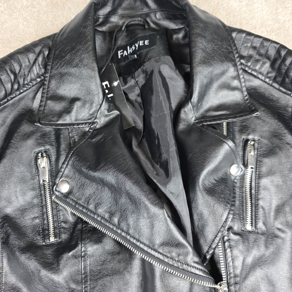 Fahsyee‎ Motorcycle Jacket Womens Med Black Faux Leather Asymmetric Full Zip NWT